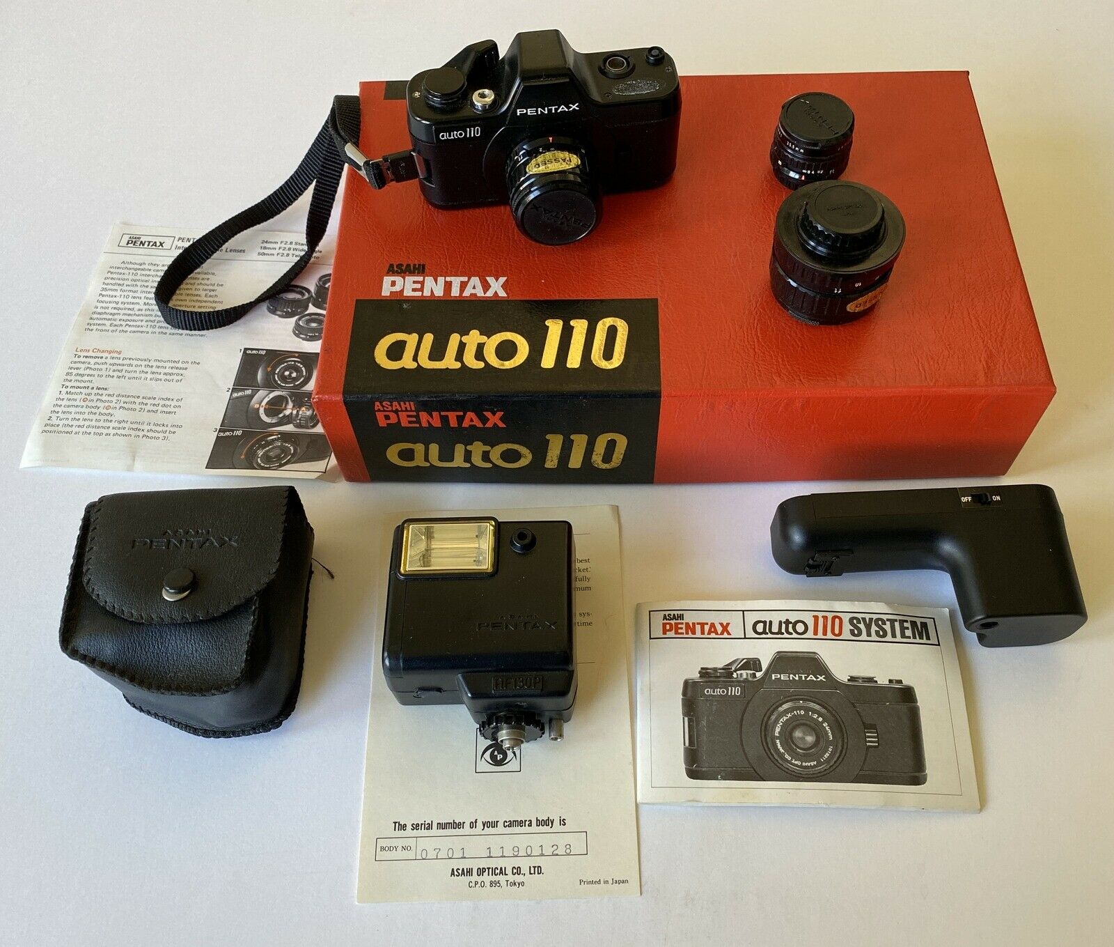 Pentax Auto 110 System Slr Camera Box Set 3 Lenses, Flash, Autowind, Manuals Etc