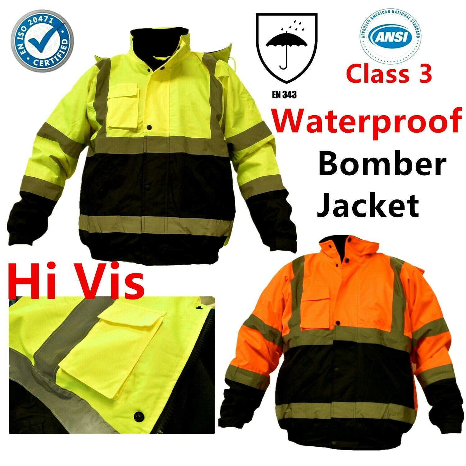 Hi Vis Waterproof Class 3 Insulated Heavy Duty Winter Safety Bomber Jacket Coat